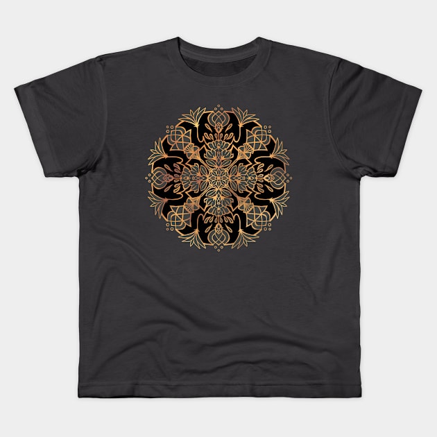 Black and Gold Lotus Mandala Kids T-Shirt by Olooriel